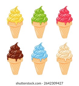 Various ice cream in waffle cones flavors of blueberry, strawberry, pistachio, almond, lemon and chocolate on a white background. Summer and desert menu concept in cartoon style.