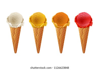 Various ice-cream scoops on white background with assorted balls of vanilla, chocolate, strawberry and butterscotch icecream in waffles. vector art