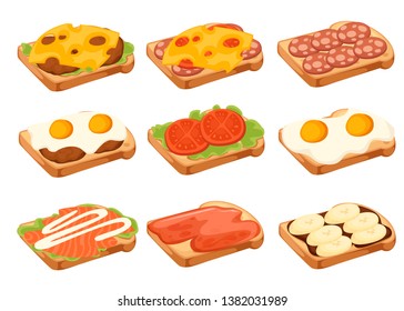 Various icon collection of meat and vegetable sandwiches. One piece of bread. Sweet tasty breakfast or fast food. Flat vector illustration isolated on white background.