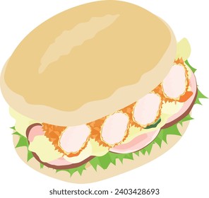 The various icon of delicious and cute ciabatta sandwich with fried shrimp and potato salad and ham