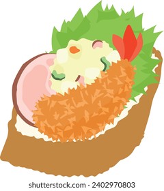 The various icon of delicious and cute open sandwich with fried shrimp and potato salad and ham