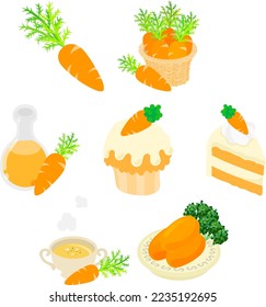 The various icon set of cute carrot dishes such as cake and juice and soup and glasse