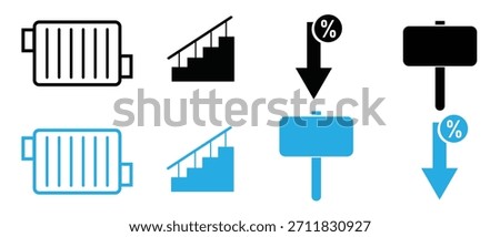 Various icon set: Radiator, stairs, descending sale arrow, and signpost symbols.