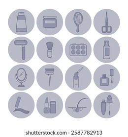 Various icons of beauty and grooming products in circular design. Scissors, brushes, and containers. Personal care essentials concept