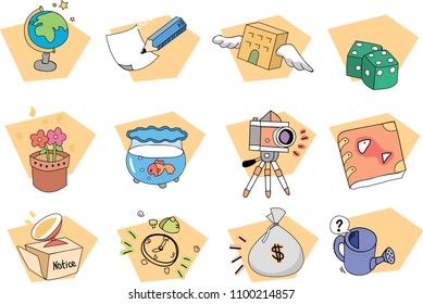 Various icons collection colorful cartoon style
