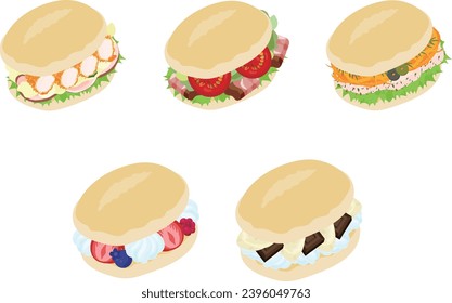 The various icons of delicious and cute ciabatta sandwich with fried shrimp and potato salad and ham and bacon and lettuce and tomato and avocado and carrot rappe and chicken salad and fruit and fresh