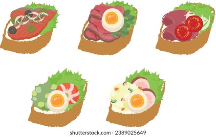 The various icons of delicious and cute open sandwich with smoked salmon and roast beef and egg and prosciutto and tomato and avocado and shrimp and potato salad