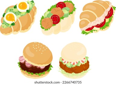 The various icons of delicious and cute roll sandwich and hamburger with egg and avocado and chicken and tomato and tuna and lettuce and bacon and shrimp and fried fish