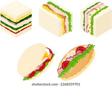 The various icons of delicious and cute side dish bread with egg and ham and tomato and fried chicken and potato salad and egg and bacon and tuna and lettuce