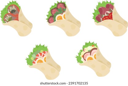 The various icons of delicious and cute wrap sandwich with smoked salmon and roast beef and egg and prosciutto and tomato and avocado and shrimp and potato salad