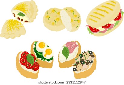 The various icons of delicious Italian breads such as calzone and focaccia and panino and crostini