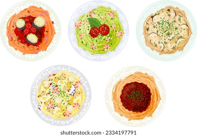 The various icons of delicious pasta such as alla norma and genovese and boscaiola and seafood and bolognese