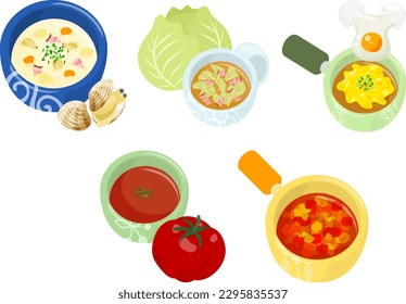 The various icons of delicious soup such as clam chowder and cabbage soup and egg soup and tomato soup and minestrone