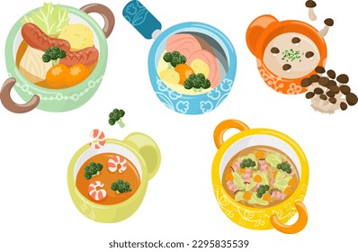 Los diferentes íconos de la deliciosa sopa como el guiso de olla y salmón, la potaje de setas shimeji y la sopa de camarón y brócoli y la sopa de verduras