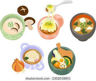 The various icons of delicious soup such as shiitake mushroom and onion gratin and miso and whole wild onion and and curry