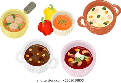 The various icons of delicious soup such as meatball soup and paprika soup and cream stew and beef stew and borscht