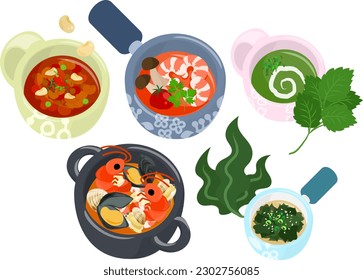 The various icons of delicious soup such as chili beans and tom yum kung and moroheiya and bouillabaisse