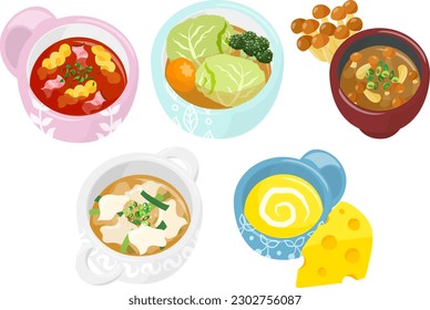 The various icons of delicious soup such as macaroni and cabbage roll and mushroom soup and wontons and cheese