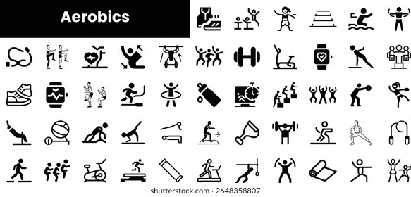 Various icons depicting aerobics activities and fitness equipment, showcasing a diverse range of exercises suitable for all ages and fitness levels.