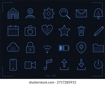 Various icons are displayed on a dark background in a blueprint style. The designs represent activities like messaging, media, and organization tools. Each icon outlines a specific function.