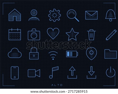 Various icons are displayed on a dark background in a blueprint style. The designs represent activities like messaging, media, and organization tools. Each icon outlines a specific function.