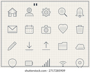 Various icons are displayed on a grid background. They include symbols for home, user profile, settings gear, search, notifications, messages, calendar, and more.