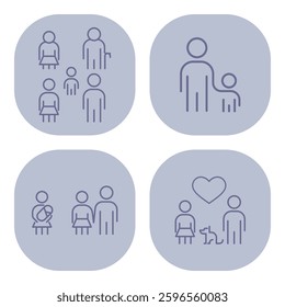 Various icons of family structures and relationships, showcasing diversity in connections and activities among members in simple, clear design