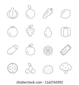 Various icons of fruits and vegetables. Vector linear pictures organic vegetarian ingredient carrot and eggplant, cherries and nutrient illustration