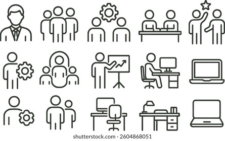 Various icons illustrate teamwork and office dynamics, featuring group discussions, presentations, and individual work settings, emphasizing collaboration and productivity.