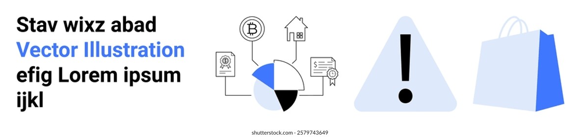Various icons including data analytics chart, warning symbol, and shopping bag. Ideal for tech startups, e-commerce, data analytics, online shopping, and digital marketing. Landing page