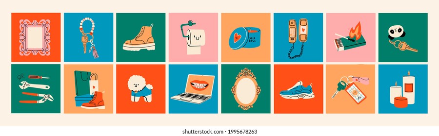 Various Icons. Logo templates. Boots, sport shoes, keychains, mirror frames, matches, tools, dog, laptop, candles, phone. Lifestyle concept. Hand drawn Vector illustrations. All elements are isolated