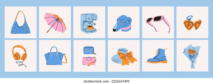 Various Icons. Logo templates. Female bag, umbrella, boots, coffee machine, dog, sunglasses, flowers, hat, headphones. Lifestyle concept. Hand drawn Vector illustrations. All elements are isolated