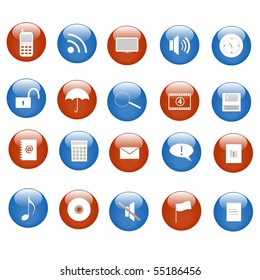 Various icons on blue and red buttons.