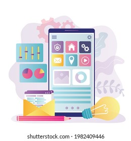 Varios iconos en la pantalla del smartphone. Concepto de desarrollo de aplicaciones y diseño ui ux. Diseñar interfaz para aplicaciones. Adaptación y optimización de aplicaciones móviles. Ilustración vectorial plana de moda