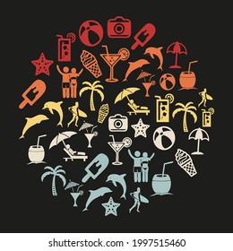 Diversos íconos sobre el tema del verano con tonos multicolores aislados sobre fondo negro. Banco para imprimir recuerdos, banners o iconos.