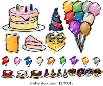 Various icons for a party hand-drawn linart sketch look.  Various easy-to-change color schemes. Vector isometric illustration.