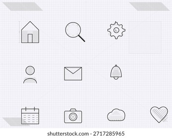 Various icons are placed on a grid background. They include a house, magnifying glass, gear, user figure, envelope, bell, calendar, camera, cloud, and heart shapes.