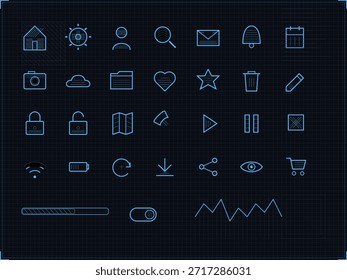 Varios iconos representan funciones y herramientas comunes para aplicaciones digitales. El diseño incluye símbolos para comunicación, navegación y utilidades sobre un fondo de cuadrícula oscuro.
