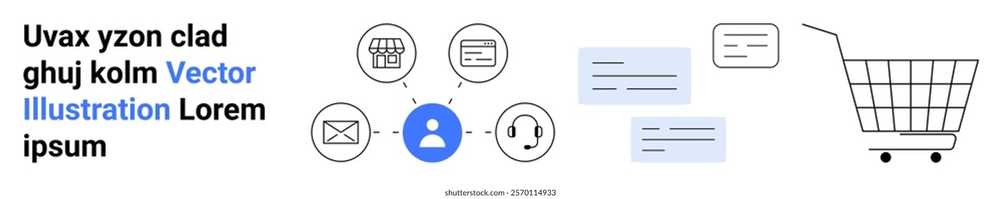 Various icons represent customer support, communication methods, and an online shopping cart. Ideal for e-commerce websites, customer service, digital marketing, online retail, and support systems
