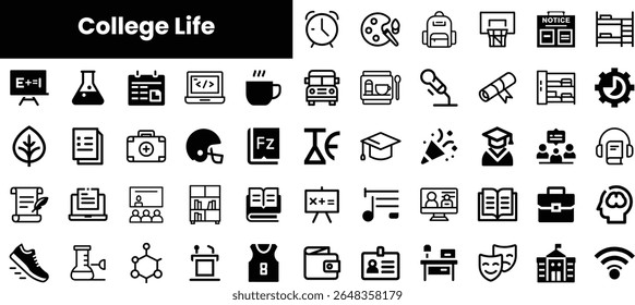 Various icons representing college life, including academics, extracurricular activities, and social aspects. Ideal for educational themes.
