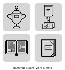 Various icons representing education concepts, including trophy, books, and cash transactions. Achievements and resources in learning concept