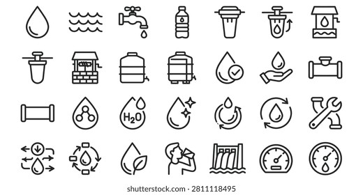 Various icons representing water, faucets, pipes, and related symbols