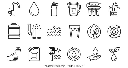 Various icons representing water sources, treatment, and conservation