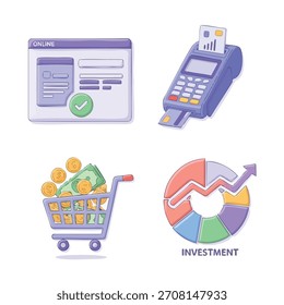 Varios íconos muestran métodos de pago, un Carrito de compras lleno de dinero y un gráfico circular de inversión.