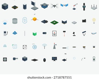 Verschiedene Symbole zeigen Technologieelemente wie Computer, Drohnen, Router und Geräte an. Sie sind rasterförmig angeordnet, geeignet für Designprojekte oder digitale Nutzung.