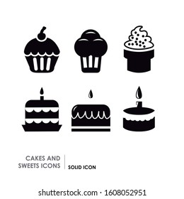 Various icons of sweets and cakes. Basic and solid food icons.