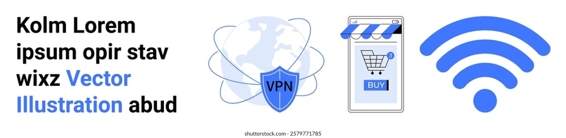 Various icons symbolize VPN protection a shopping cart with a storefront and a wireless signal. Ideal for online security e-commerce connectivity technology and communication. Banner for landing page