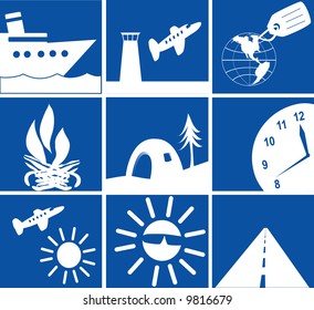 Various icons/pictures with a travel theme