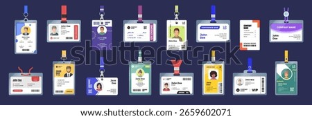 Various id card samples with male and female portraits