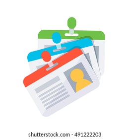 Various identification cards. Personal badge. Access and identification document. Flat design style